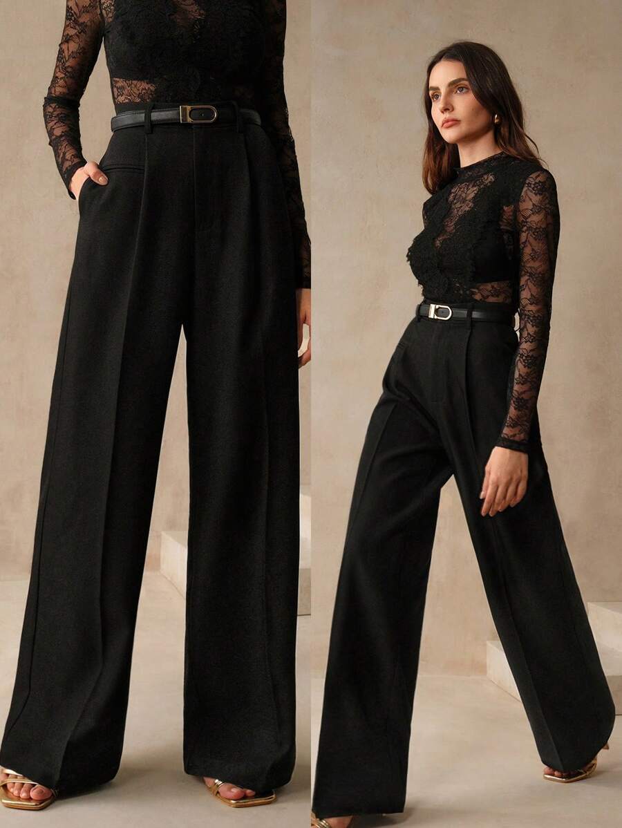 Women's Belted Straight Leg Suit Trousers, Stretch Dress Pants for Work Office - Apricot