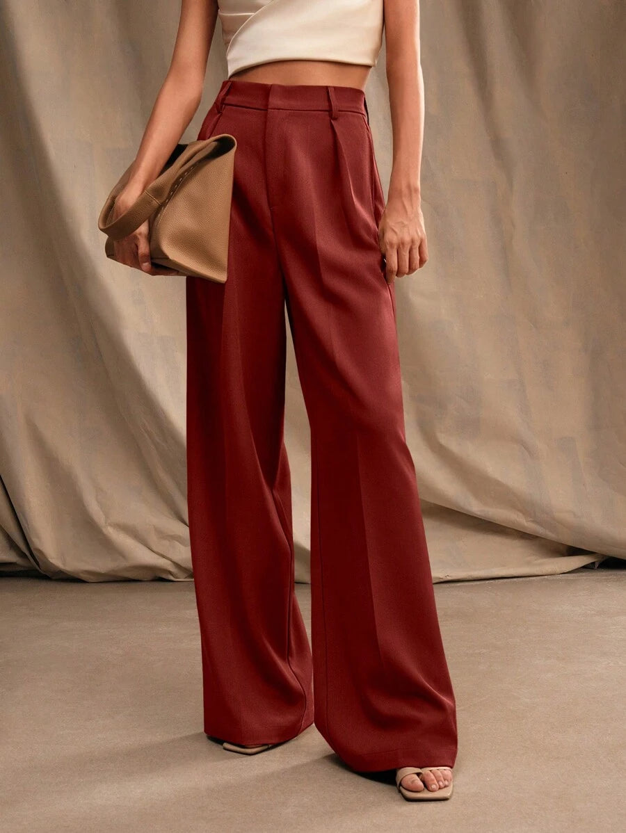 Tatiana Pleated High Waist Wide Leg Trousers with Pockets - Burgundy