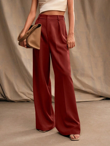 Tatiana Pleated High Waist Wide Leg Trousers with Pockets - Burgundy