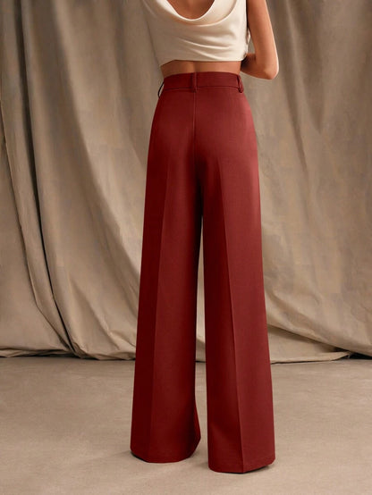 Tatiana Pleated High Waist Wide Leg Trousers with Pockets - Orange
