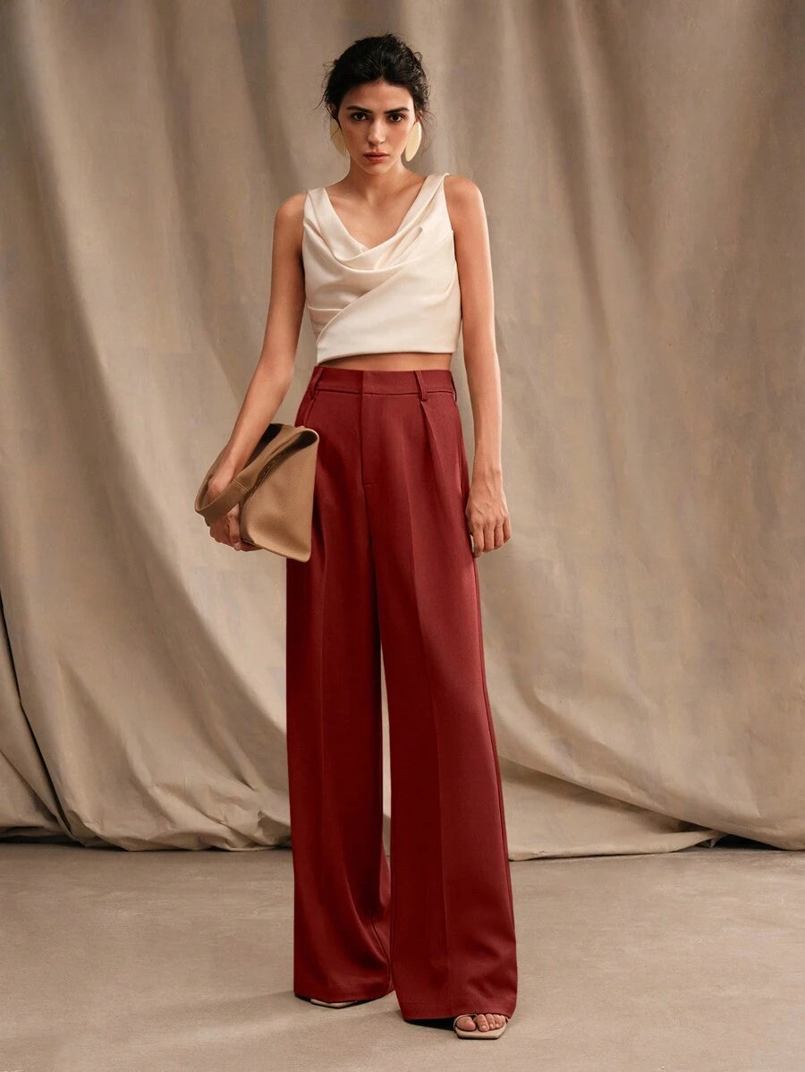 Tatiana Pleated High Waist Wide Leg Trousers with Pockets - Apricot
