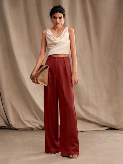 Tatiana Pleated High Waist Wide Leg Trousers with Pockets - Apricot