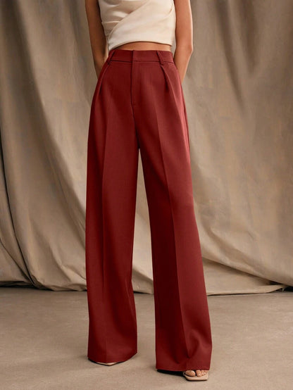 Tatiana Pleated High Waist Wide Leg Trousers with Pockets - Beige