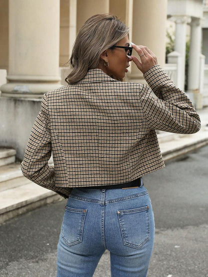 Isadora Houndstooth Double-Breasted Cropped Blazer - Brown Houndstooth