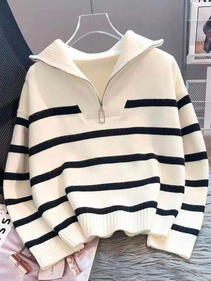 Bernina Striped Half Zip Collared Knit Sweater - White