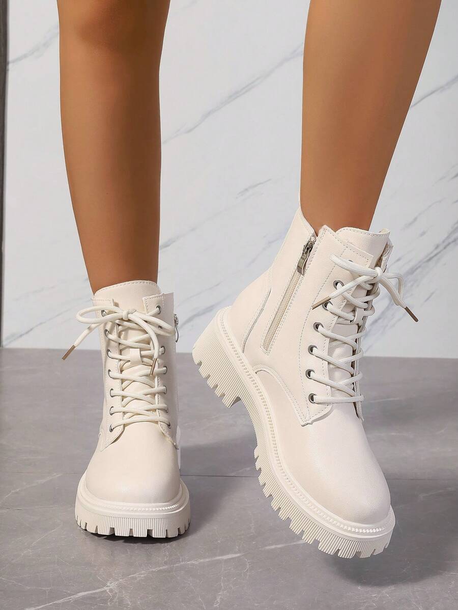 2026 Spring/Autumn/Winter New Women's Shoes, Winter Warm Women's Boots, Fashion Versatile Casual Women's Shoes, Black/White Ankle Boots With Lace-Up And Side Zipper, Flat Women's Boots, Women's Ankle Boots And Ankle Boots, Women's Fashion Boots, College S Mensa