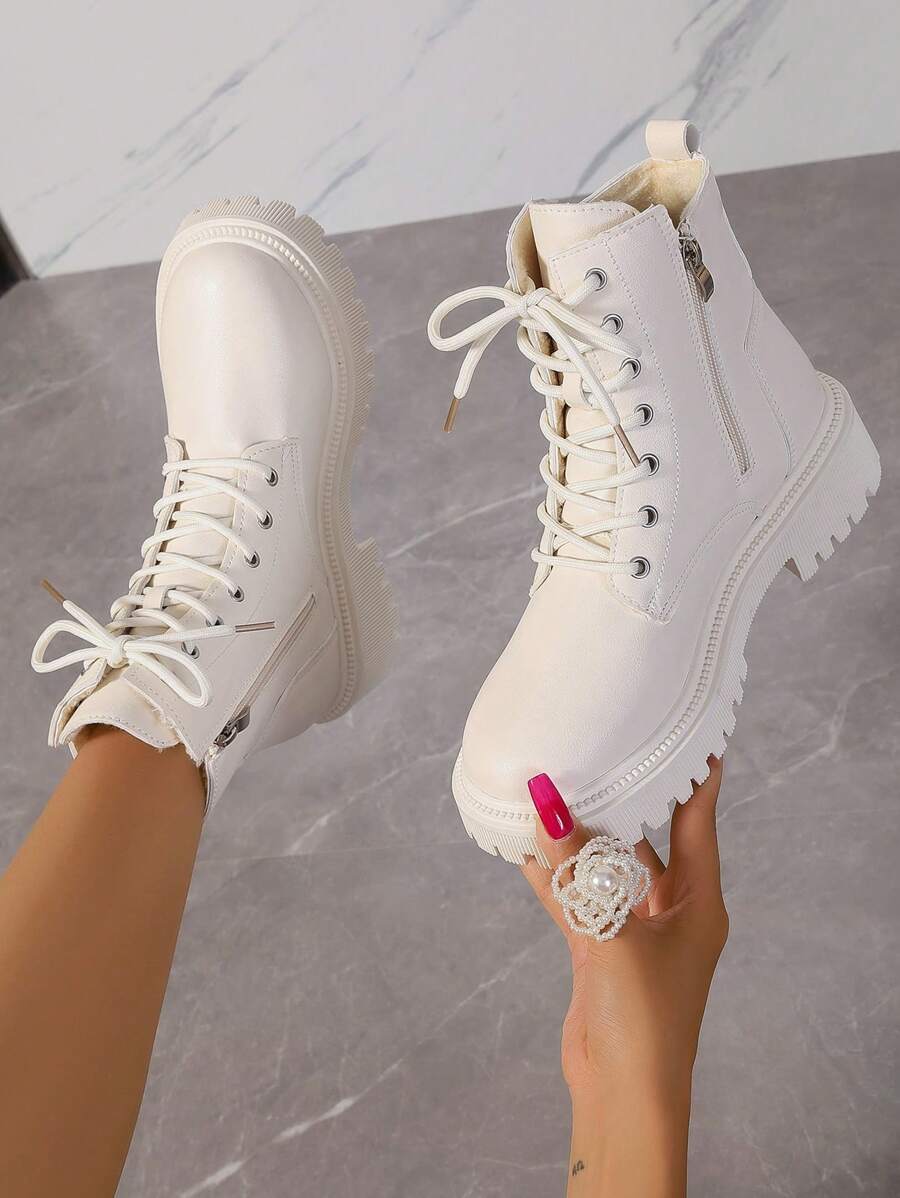 2026 Spring/Autumn/Winter New Women's Shoes, Winter Warm Women's Boots, Fashion Versatile Casual Women's Shoes, Black/White Ankle Boots With Lace-Up And Side Zipper, Flat Women's Boots, Women's Ankle Boots And Ankle Boots, Women's Fashion Boots, College S Mensa