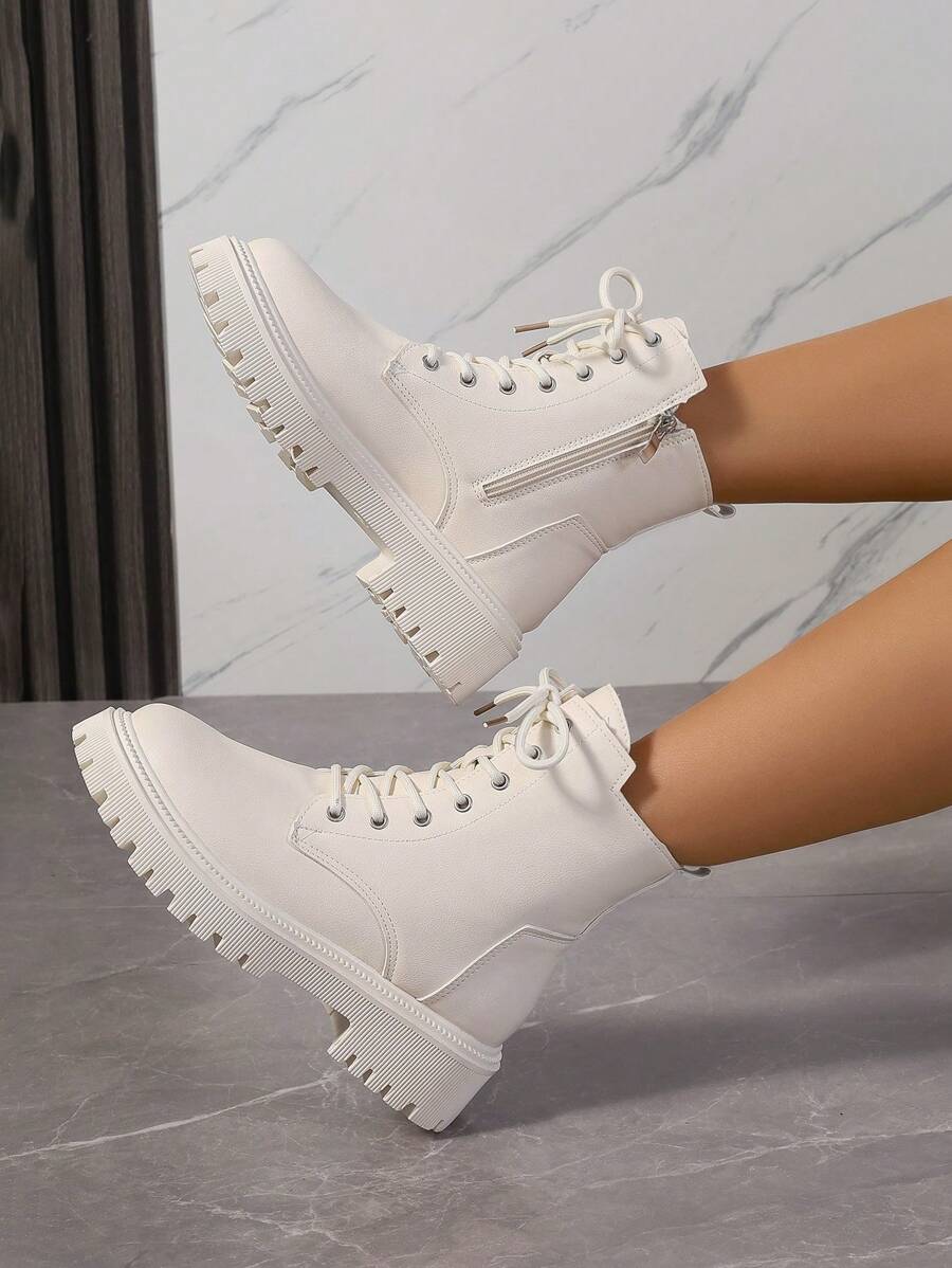 2026 Spring/Autumn/Winter New Women's Shoes, Winter Warm Women's Boots, Fashion Versatile Casual Women's Shoes, Black/White Ankle Boots With Lace-Up And Side Zipper, Flat Women's Boots, Women's Ankle Boots And Ankle Boots, Women's Fashion Boots, College S Mensa