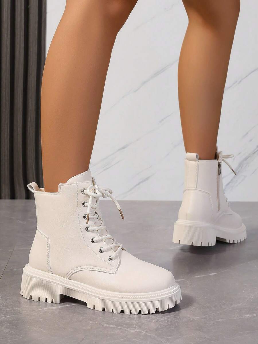 2026 Spring/Autumn/Winter New Women's Shoes, Winter Warm Women's Boots, Fashion Versatile Casual Women's Shoes, Black/White Ankle Boots With Lace-Up And Side Zipper, Flat Women's Boots, Women's Ankle Boots And Ankle Boots, Women's Fashion Boots, College S Mensa