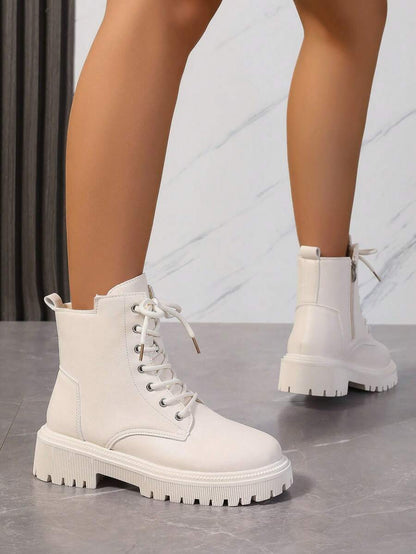 2026 Spring/Autumn/Winter New Women's Shoes, Winter Warm Women's Boots, Fashion Versatile Casual Women's Shoes, Black/White Ankle Boots With Lace-Up And Side Zipper, Flat Women's Boots, Women's Ankle Boots And Ankle Boots, Women's Fashion Boots, College S Mensa