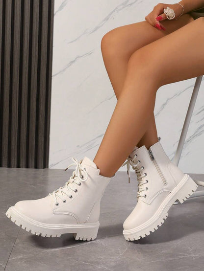 2026 Spring/Autumn/Winter New Women's Shoes, Winter Warm Women's Boots, Fashion Versatile Casual Women's Shoes, Black/White Ankle Boots With Lace-Up And Side Zipper, Flat Women's Boots, Women's Ankle Boots And Ankle Boots, Women's Fashion Boots, College S Mensa