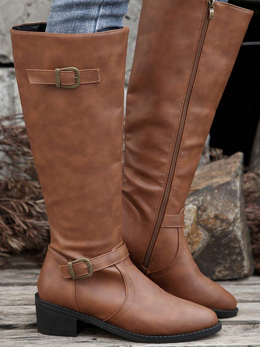 Women's Fashionable & Comfortable Chunky Heel High Knee Riding Boots With Inner Side Zipper, Pointed Toe Matching GO WITH Jeans Jeans Mensa