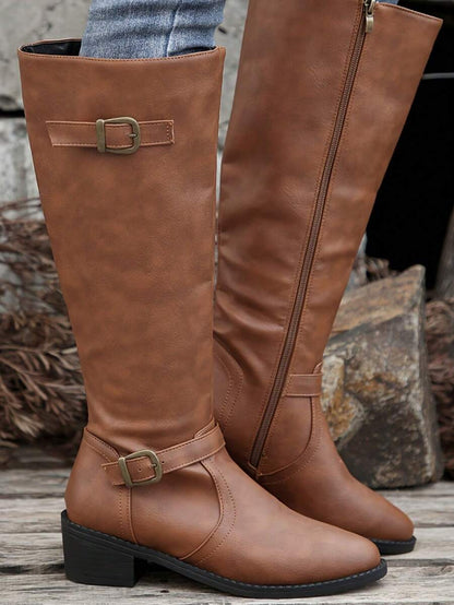 Women's Fashionable & Comfortable Chunky Heel High Knee Riding Boots With Inner Side Zipper, Pointed Toe Matching GO WITH Jeans Jeans Mensa