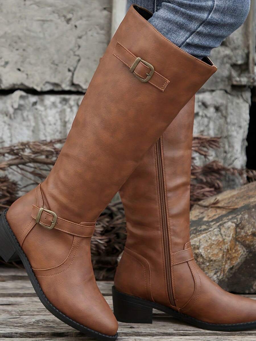 Women's Fashionable & Comfortable Chunky Heel High Knee Riding Boots With Inner Side Zipper, Pointed Toe Matching GO WITH Jeans Jeans Mensa
