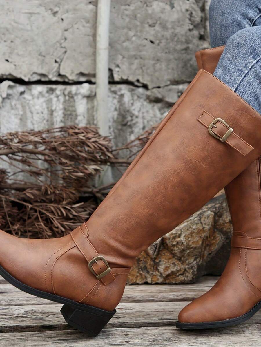 Women's Fashionable & Comfortable Chunky Heel High Knee Riding Boots With Inner Side Zipper, Pointed Toe Matching GO WITH Jeans Jeans Mensa