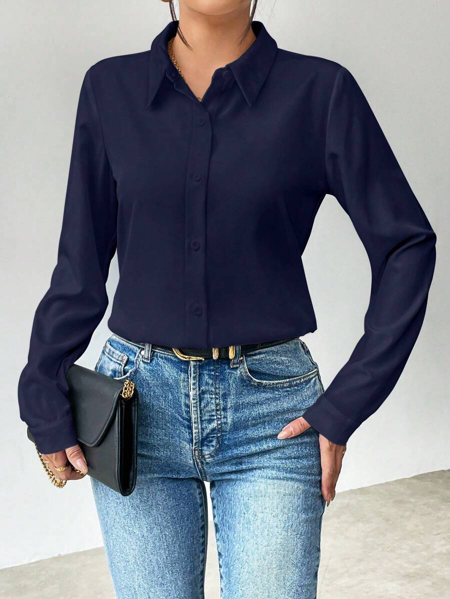 Pia Button Front Long Sleeve Blouse Classic Collared Shirt - Navy