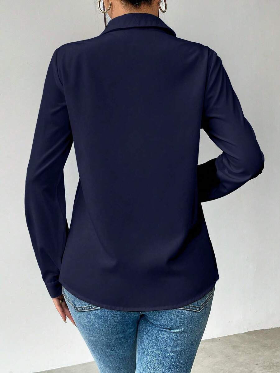 Pia Button Front Long Sleeve Blouse Classic Collared Shirt - Navy