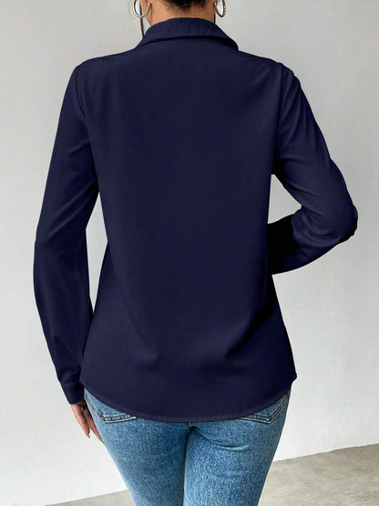 Pia Button Front Long Sleeve Blouse Classic Collared Shirt - Navy