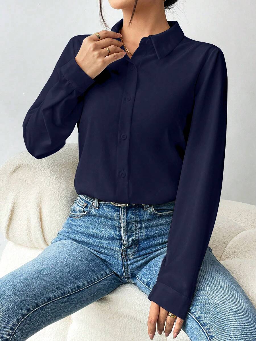 Pia Button Front Long Sleeve Blouse Classic Collared Shirt - Navy