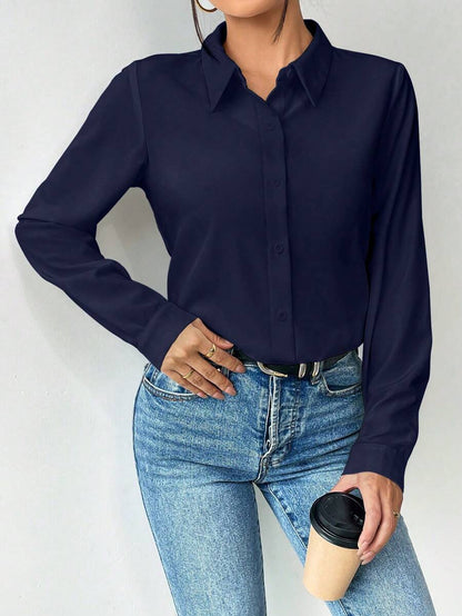 Pia Button Front Long Sleeve Blouse Classic Collared Shirt - Navy