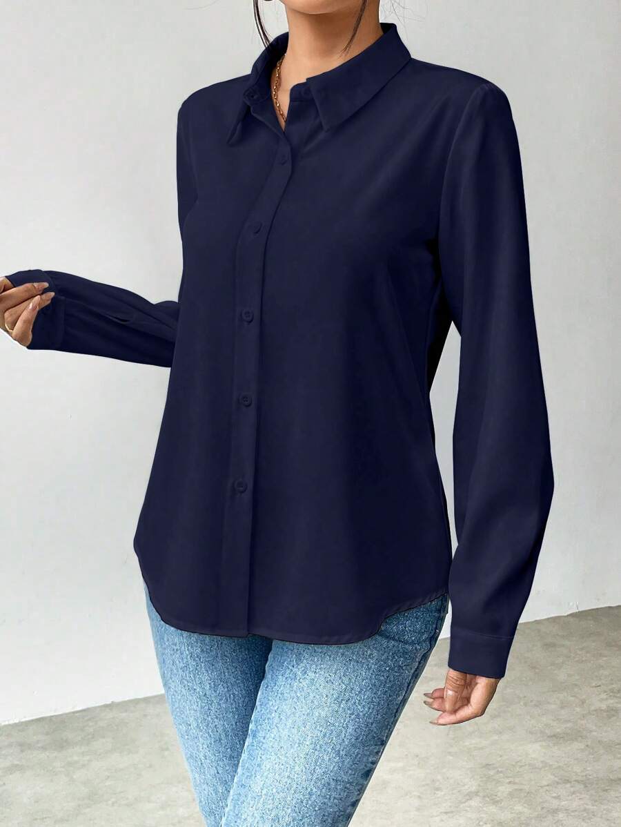 Pia Button Front Long Sleeve Blouse Classic Collared Shirt - Navy