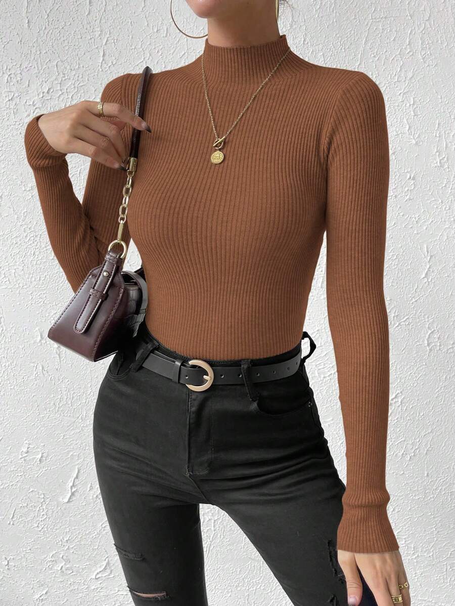 Verity Slim Ribbed Mock Neck Sweater Long Sleeve Pullover - Cognac