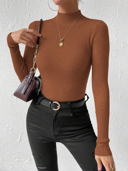 Verity Slim Ribbed Mock Neck Sweater Long Sleeve Pullover - Cognac
