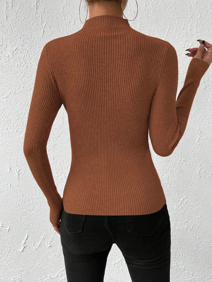 Verity Slim Ribbed Mock Neck Sweater Long Sleeve Pullover - Cognac