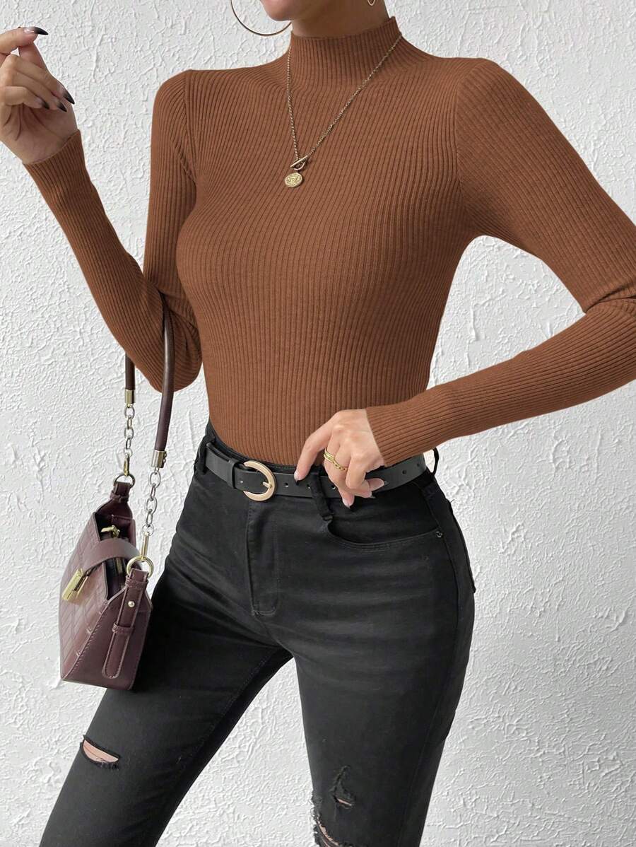 Verity Slim Ribbed Mock Neck Sweater Long Sleeve Pullover - Cognac