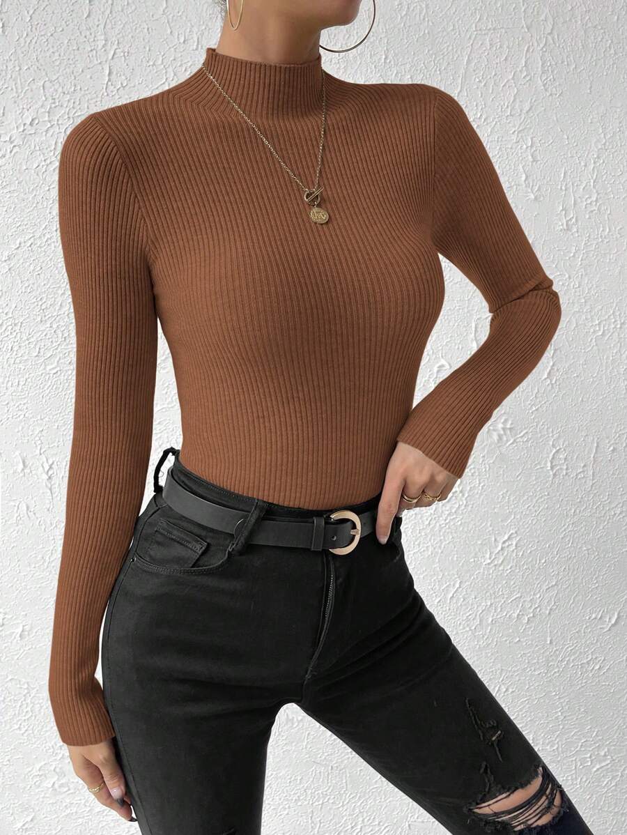 Verity Slim Ribbed Mock Neck Sweater Long Sleeve Pullover - Cognac
