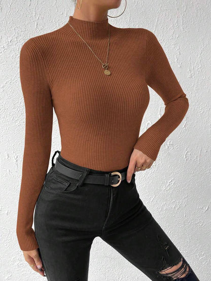 Verity Slim Ribbed Mock Neck Sweater Long Sleeve Pullover - Cognac