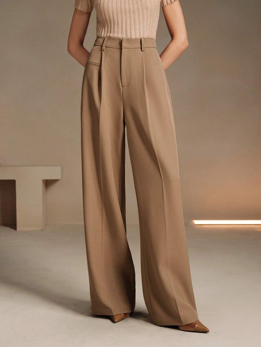 Women's Belted Straight Leg Suit Trousers, Stretch Dress Pants for Work Office - Bronze