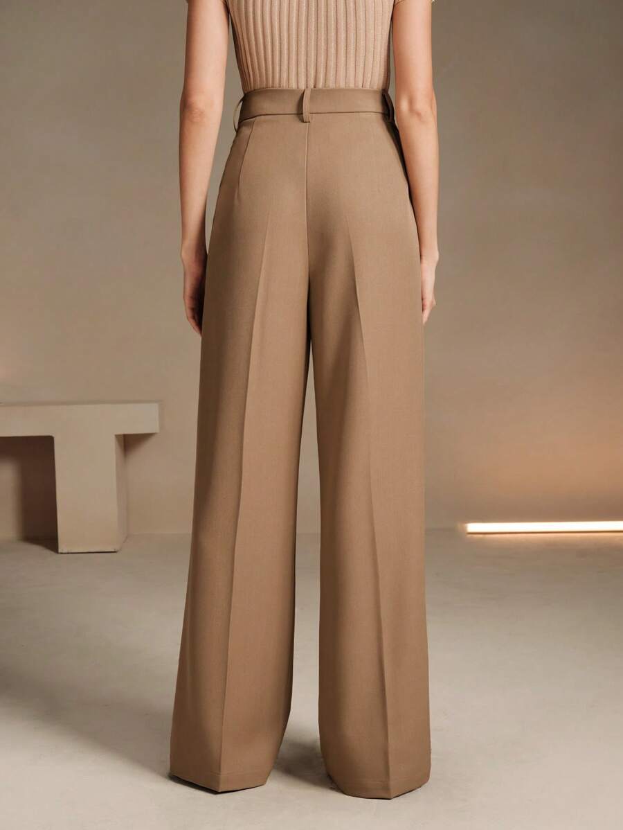 Women's Belted Straight Leg Suit Trousers, Stretch Dress Pants for Work Office - Apricot