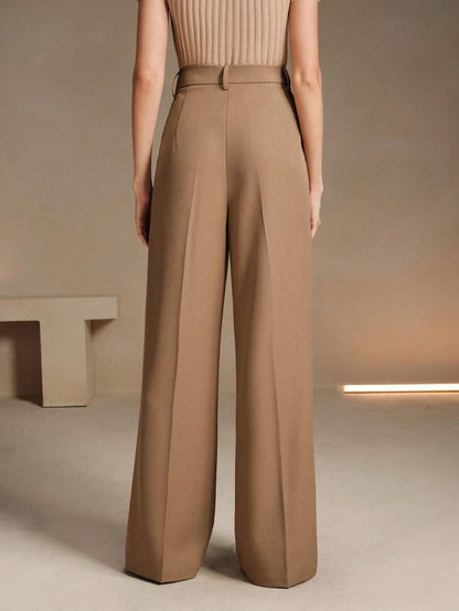 Women's Belted Straight Leg Suit Trousers, Stretch Dress Pants for Work Office - Apricot