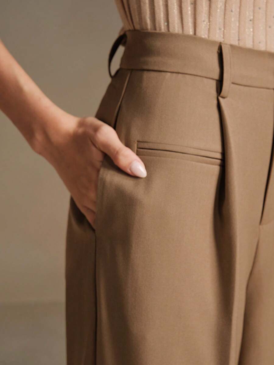 Women's Belted Straight Leg Suit Trousers, Stretch Dress Pants for Work Office - Black