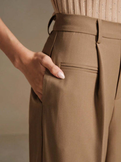 Women's Belted Straight Leg Suit Trousers, Stretch Dress Pants for Work Office - Black