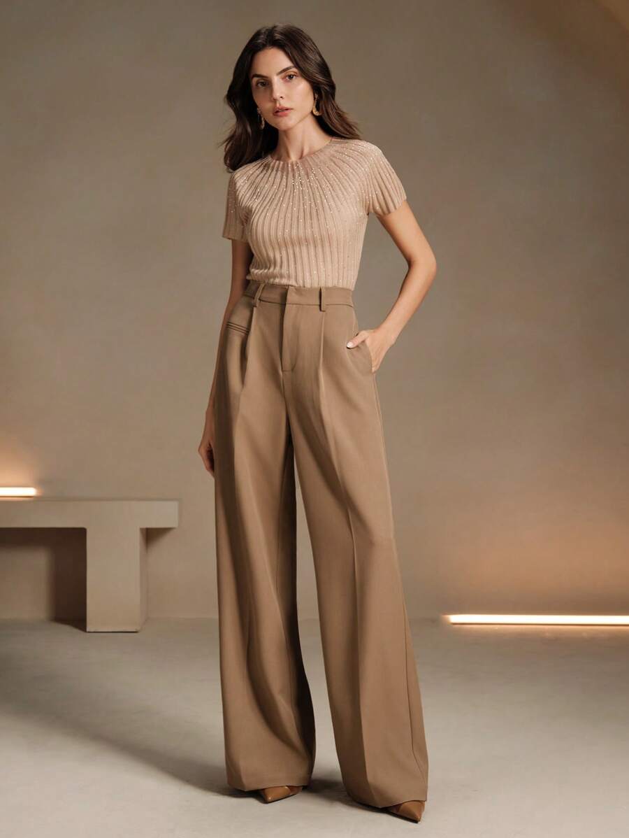 Women's Belted Straight Leg Suit Trousers, Stretch Dress Pants for Work Office - Khaki
