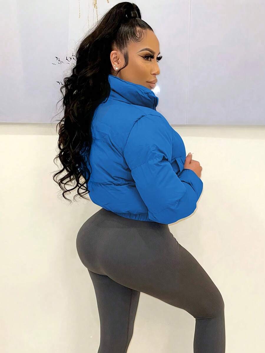 Allegra Cropped Puffer Jacket with Funnel Neck and Zip Front - Blue