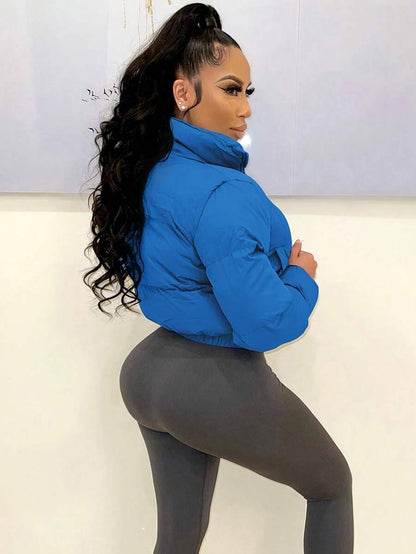 Allegra Cropped Puffer Jacket with Funnel Neck and Zip Front - Blue