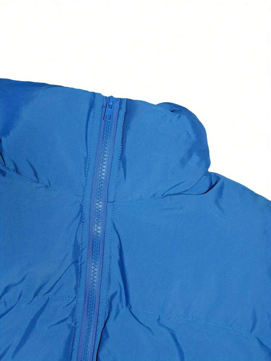 Allegra Cropped Puffer Jacket with Funnel Neck and Zip Front - Blue
