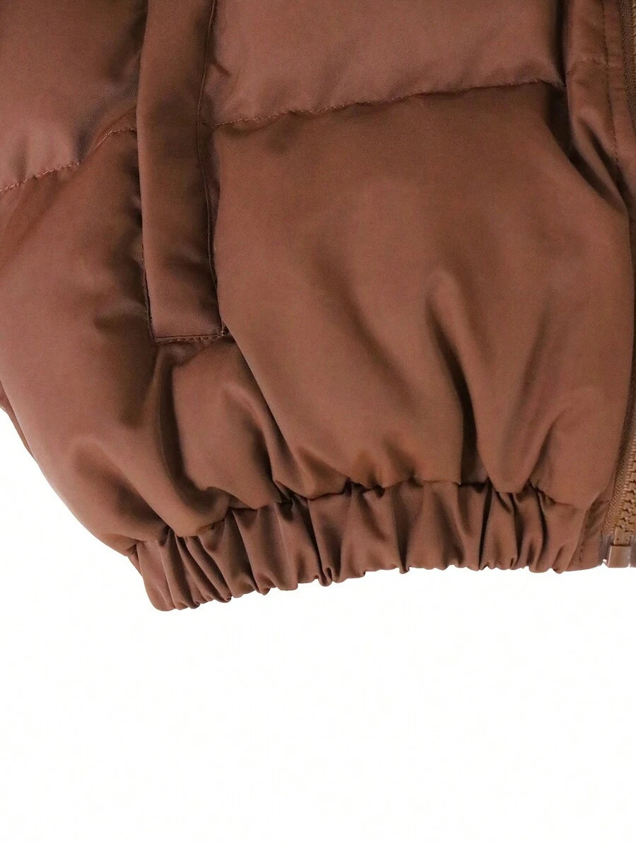 Allegra Cropped Puffer Jacket with Funnel Neck and Zip Front - Chocolate Brown