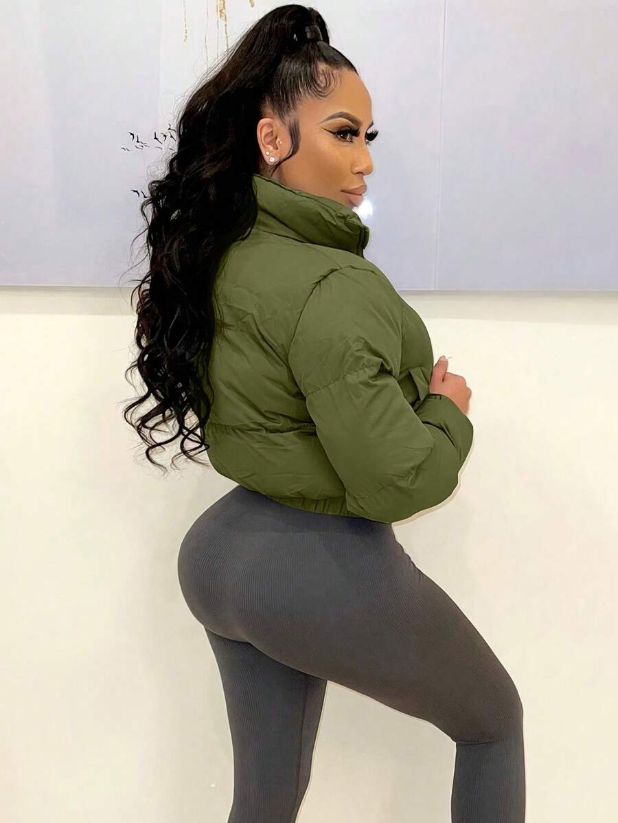 Allegra Cropped Puffer Jacket with Funnel Neck and Zip Front - Olive