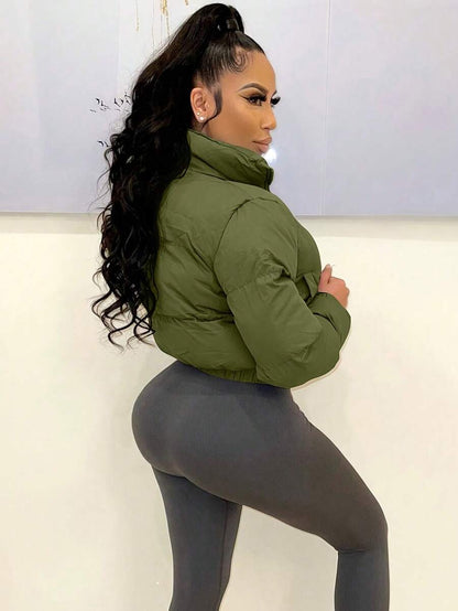Allegra Cropped Puffer Jacket with Funnel Neck and Zip Front - Olive
