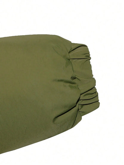 Allegra Cropped Puffer Jacket with Funnel Neck and Zip Front - Olive