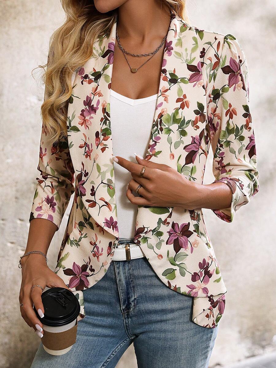 Octavia Waterfall Collar Open Front Asymmetric Hem Knit Blazer - Berry Floral