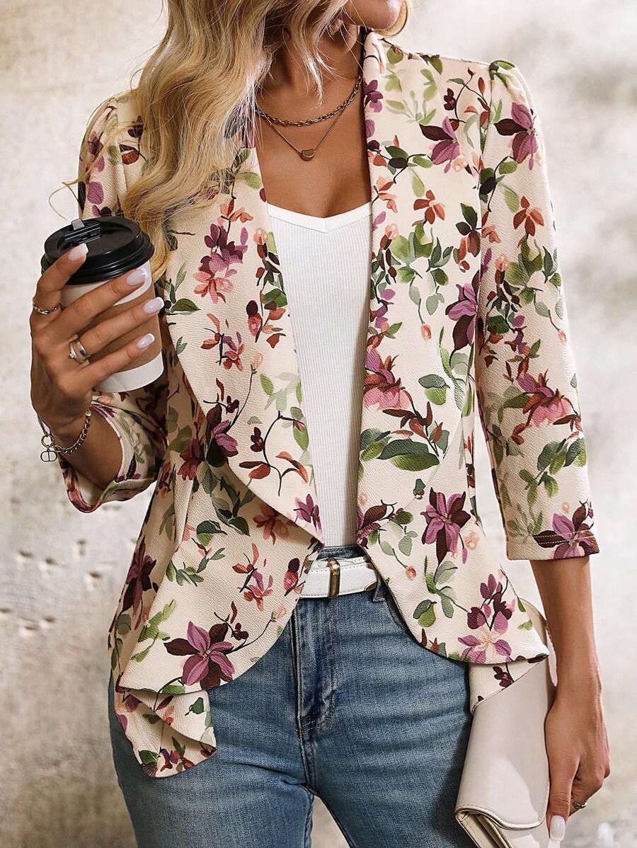 Octavia Waterfall Collar Open Front Asymmetric Hem Knit Blazer - Berry Floral
