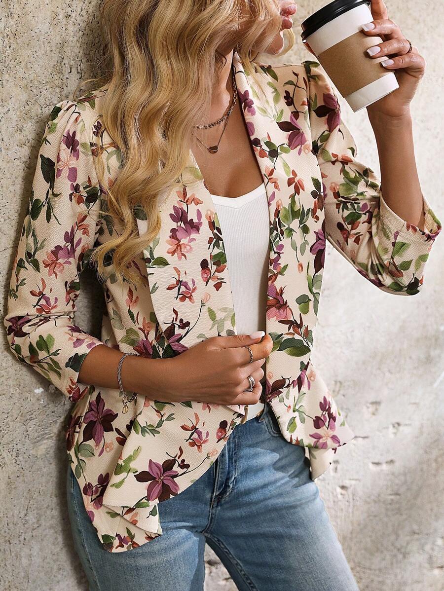 Octavia Waterfall Collar Open Front Asymmetric Hem Knit Blazer - Berry Floral
