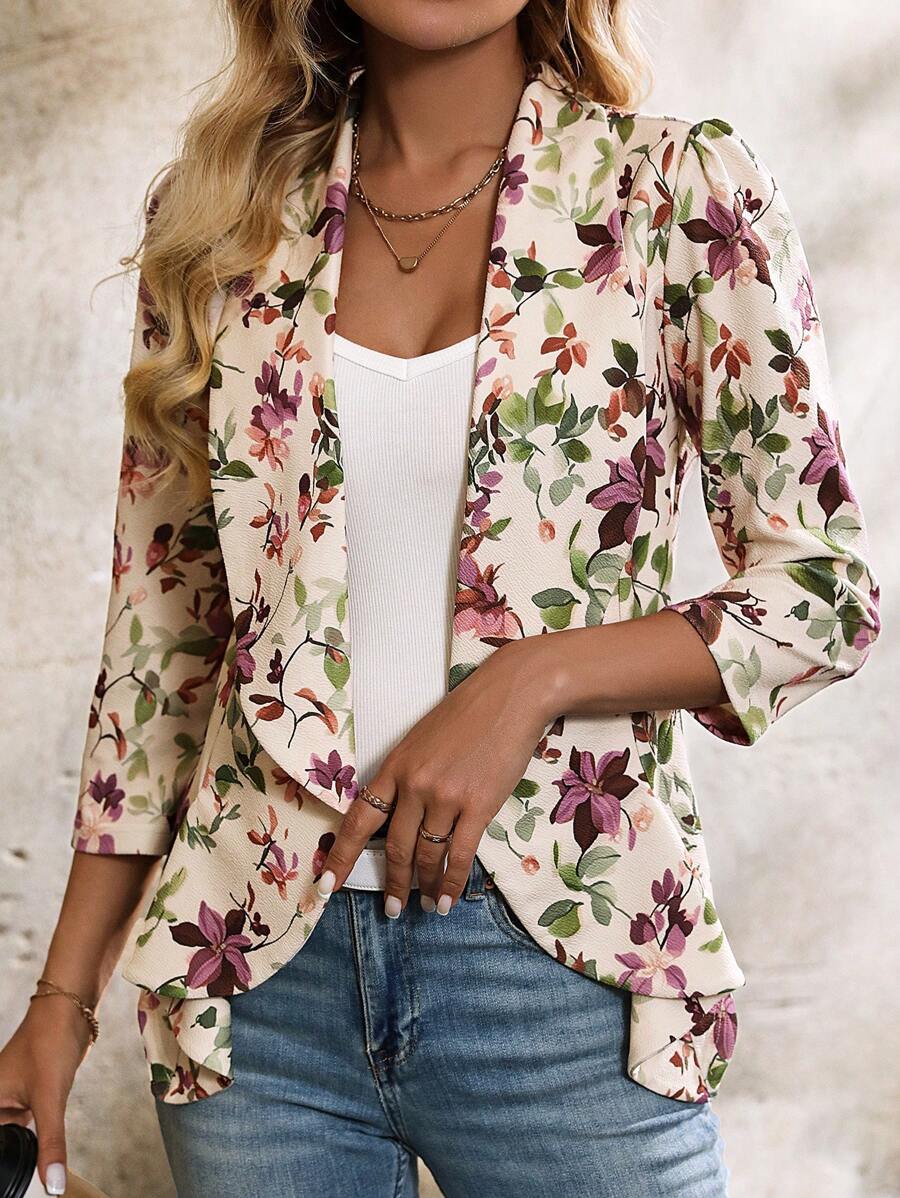 Octavia Waterfall Collar Open Front Asymmetric Hem Knit Blazer - Berry Floral