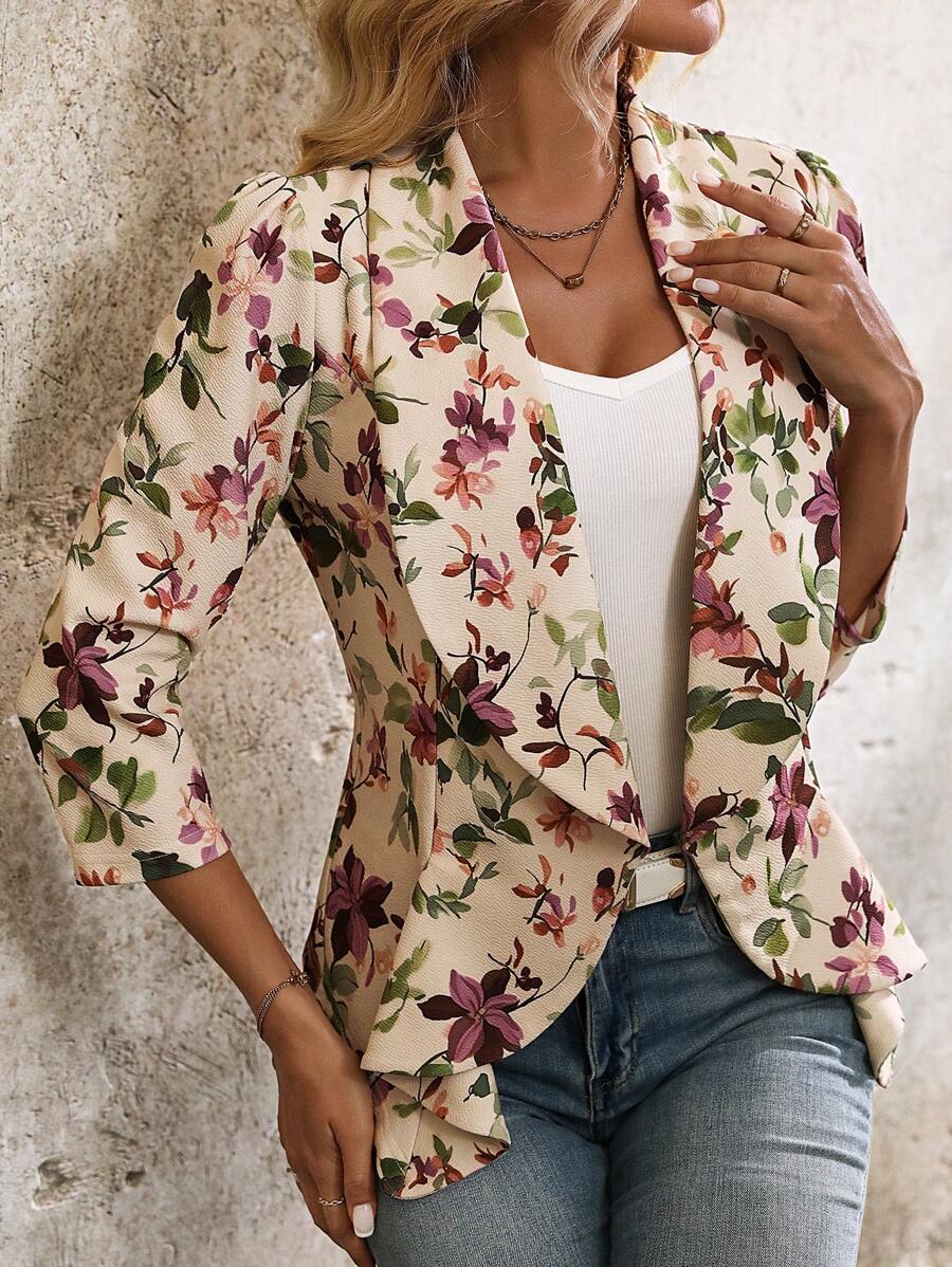 Octavia Waterfall Collar Open Front Asymmetric Hem Knit Blazer - Berry Floral