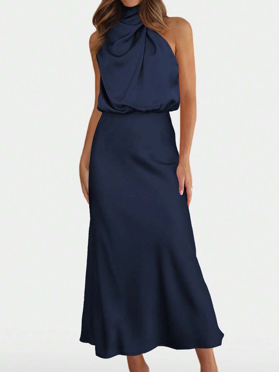 Women's Satin Cowl Neck Halter Midi Dress, Lined Silky Dress for Wedding Guest and Evening - Black